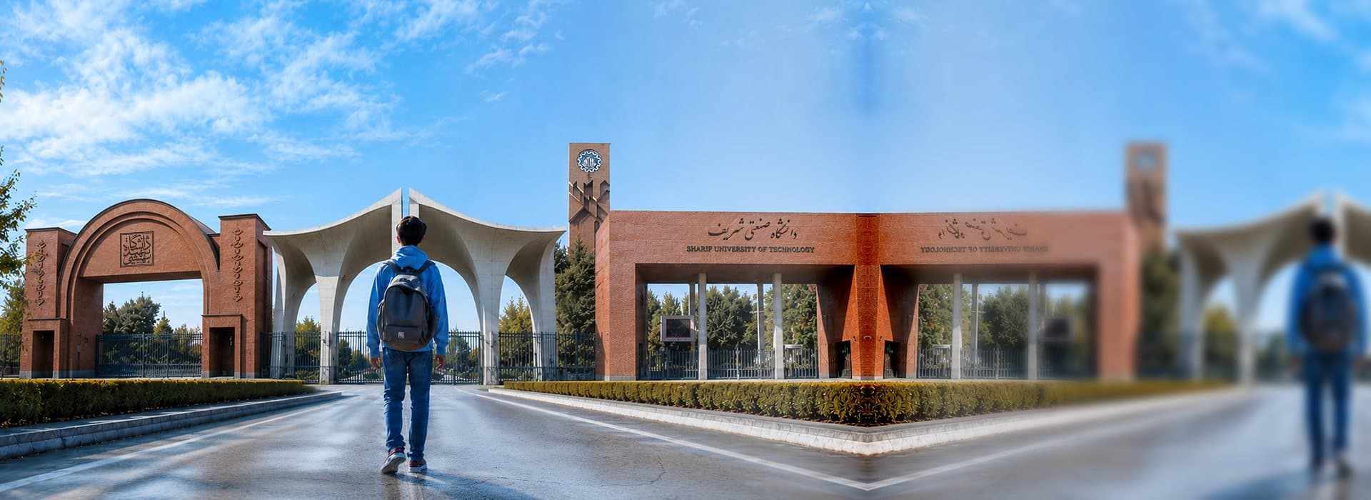 دانش‌آموزی با کوله‌پشتی رو به سردر دانشگاه صنعتی شریف